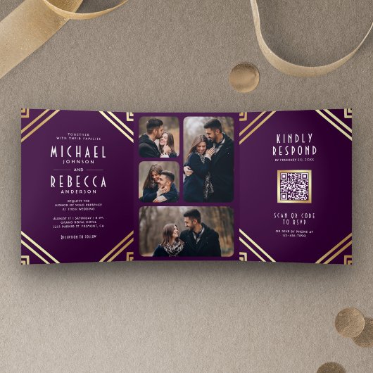Invitation Trois Volets Mariage Code QR Géométrique Art Déco Violet Or