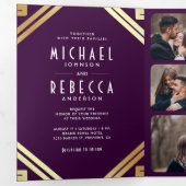 Invitation Trois Volets Mariage Code QR Géométrique Art Déco Violet Or (Intérieur en premier)