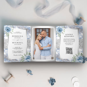 Invitation Trois Volets Mariage Code QR Marbre Floral Bleu Poussière d'Arg