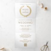 Invitation Trois Volets Mariage Code QR Minimal Laurier Or Blanc (Intérieur)