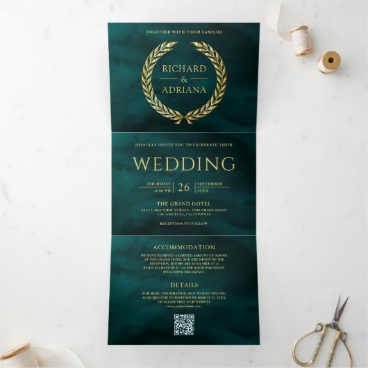 Invitation Trois Volets Mariage Code QR Minimal Laurier Or Sarcelle Foncé (Intérieur)
