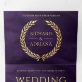 Invitation Trois Volets Mariage Code QR Minimal Laurier Or Violet Foncé (Intérieur en premier)
