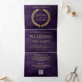 Invitation Trois Volets Mariage Code QR Minimal Laurier Or Violet Foncé (Intérieur)