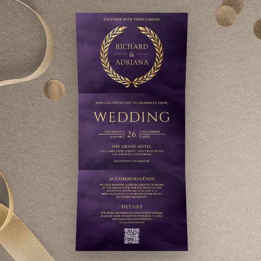 Invitation Trois Volets Mariage Code QR Minimal Laurier Or Violet Foncé