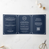 Invitation Trois Volets Mariage Code QR Monogramme Bleu Marine et Blanc (Intérieur)
