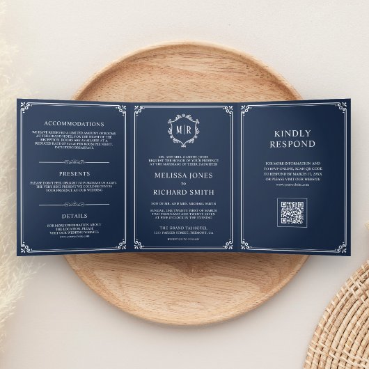 Invitation Trois Volets Mariage Code QR Monogramme Bleu Marine et Blanc