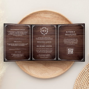 Invitation Trois Volets Mariage Code QR Monogramme Bois de Grange et Blanc
