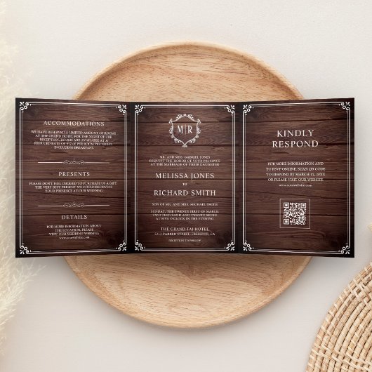 Invitation Trois Volets Mariage Code QR Monogramme Bois de Grange et Blanc