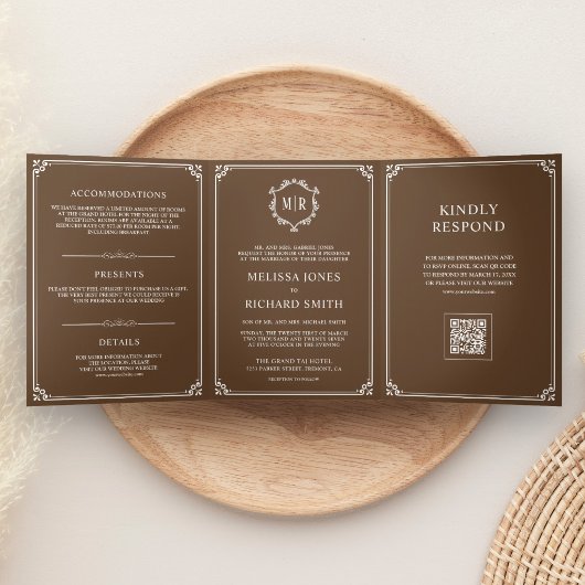Invitation Trois Volets Mariage code QR monogramme marron et blanc
