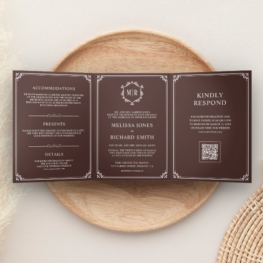 Invitation Trois Volets Mariage code QR monogramme marron et blanc Espress