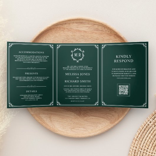 Invitation Trois Volets Mariage Code QR Monogramme Vert Émeraude et Blanc