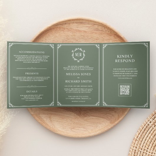 Invitation Trois Volets Mariage Code QR Monogramme Vert Sauge et Blanc