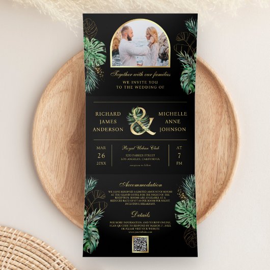 Invitation Trois Volets Mariage Code QR Monstera Palm Or Tropical