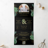 Invitation Trois Volets Mariage Code QR Monstera Palm Or Tropical (Intérieur)