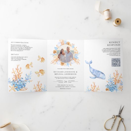 Invitation Trois Volets Mariage Code QR Naissance sous l'eau à l'aquarelle (Intérieur)