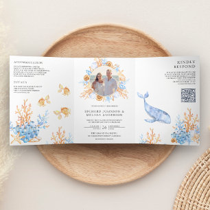 Invitation Trois Volets Mariage Code QR Naissance sous l'eau à l'aquarelle