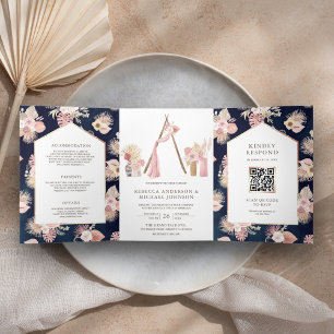 Invitation Trois Volets Mariage Code QR Navy Arbor Floral Boho Rose Poussi