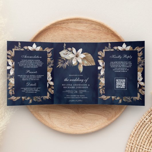 Invitation Trois Volets Mariage Code QR Navy Feuilles de Palmier Séchées T