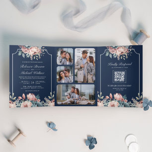 Invitation Trois Volets Mariage Code QR Navy Floral Rose et Bleu Poussière