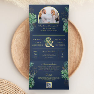 Invitation Trois Volets Mariage Code QR Navy Monstera Palm Or Tropical
