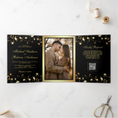 Invitation Trois Volets Mariage Code QR Noir Confettis Étoiles Dorées (Intérieur)