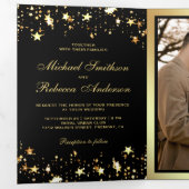 Invitation Trois Volets Mariage Code QR Noir Confettis Étoiles Dorées (Intérieur en premier)