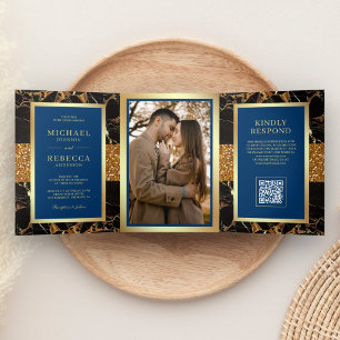 Invitation Trois Volets Mariage Code QR Or Marbre Noir Bleu Royal