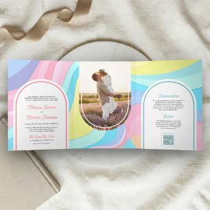 Invitation Trois Volets Mariage Code QR Photo Arc-en-ciel Rétro Pastel