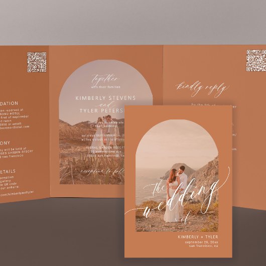 Invitation Trois Volets Mariage code QR photo arche boho terracotta
