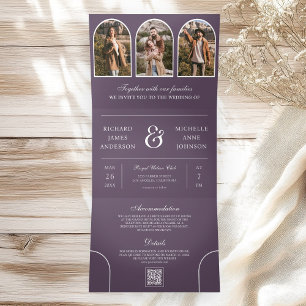 Invitation Trois Volets Mariage Code QR Photo Arche Minimaliste Violet Pou