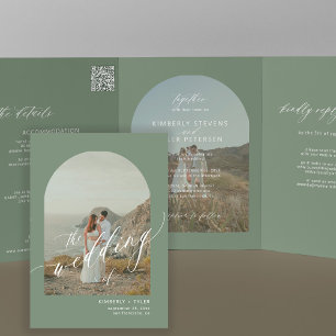 Invitation Trois Volets Mariage code QR photo arche vert sauge bohème