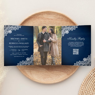 Invitation Trois Volets Mariage Code QR Photo Bois Bleu Marine Dentelle