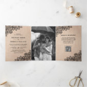 Invitation Trois Volets Mariage Code QR Photo Burlap Dentelle Noir (Intérieur)