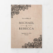 Invitation Trois Volets Mariage Code QR Photo Burlap Dentelle Noir (Page de couverture)
