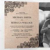Invitation Trois Volets Mariage Code QR Photo Burlap Dentelle Noir (Intérieur en premier)