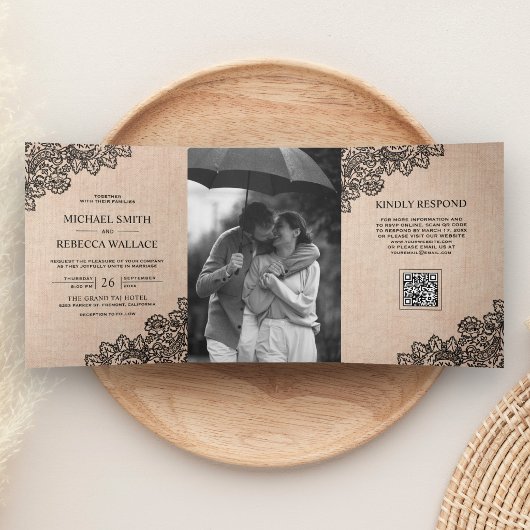 Invitation Trois Volets Mariage Code QR Photo Burlap Dentelle Noir