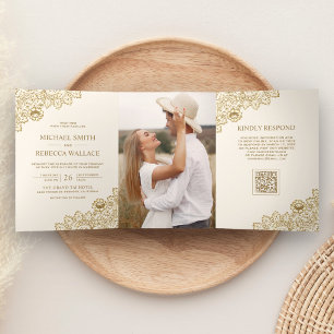 Invitation Trois Volets Mariage Code QR Photo Crème Ivoire Dentelle Dorée