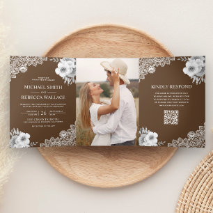 Invitation Trois Volets Mariage Code QR Photo en Dentelle Florale Marron C