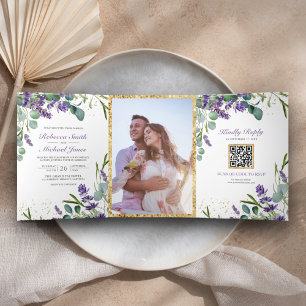 Invitation Trois Volets Mariage Code QR Photo Eucalyptus Lavande Rustique