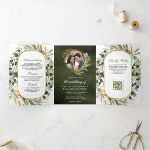 Invitation Trois Volets Mariage Code QR Photo Feuilles d'Or Vert Olive