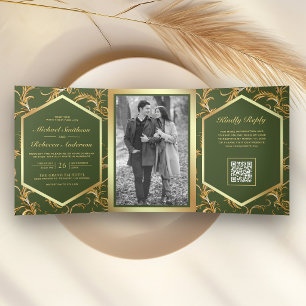 Invitation Trois Volets Mariage Code QR Photo Floraison Or Vert Olive