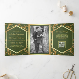 Invitation Trois Volets Mariage Code QR Photo Floraison Or Vert Olive