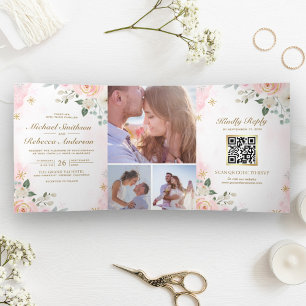 Invitation Trois Volets Mariage Code QR Photo Floral Rose Blush Or