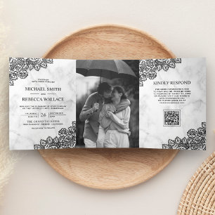 Invitation Trois Volets Mariage Code QR Photo Marbre Blanc et Dentelle Noi