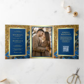 Invitation Trois Volets Mariage Code QR Photo Marbre Bleu Royal Or (Intérieur)