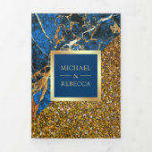 Invitation Trois Volets Mariage Code QR Photo Marbre Bleu Royal Or (Page de couverture)