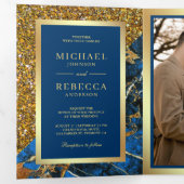 Invitation Trois Volets Mariage Code QR Photo Marbre Bleu Royal Or (Intérieur en premier)