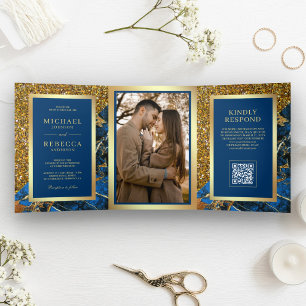 Invitation Trois Volets Mariage Code QR Photo Marbre Bleu Royal Or