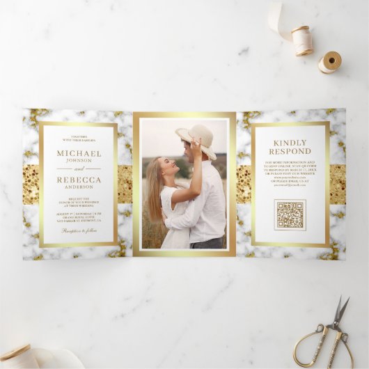 Invitation Trois Volets Mariage Code QR Photo Marbre Or Blanc (Intérieur)
