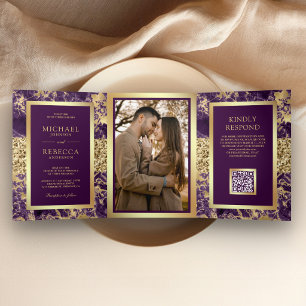 Invitation Trois Volets Mariage Code QR Photo Marbre Or Violet Royal